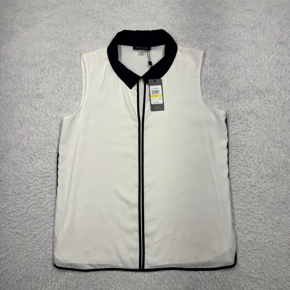 NWT Tommy Hilfiger  Collard Sleeveless Blouse Top White and Blue Women's Size M